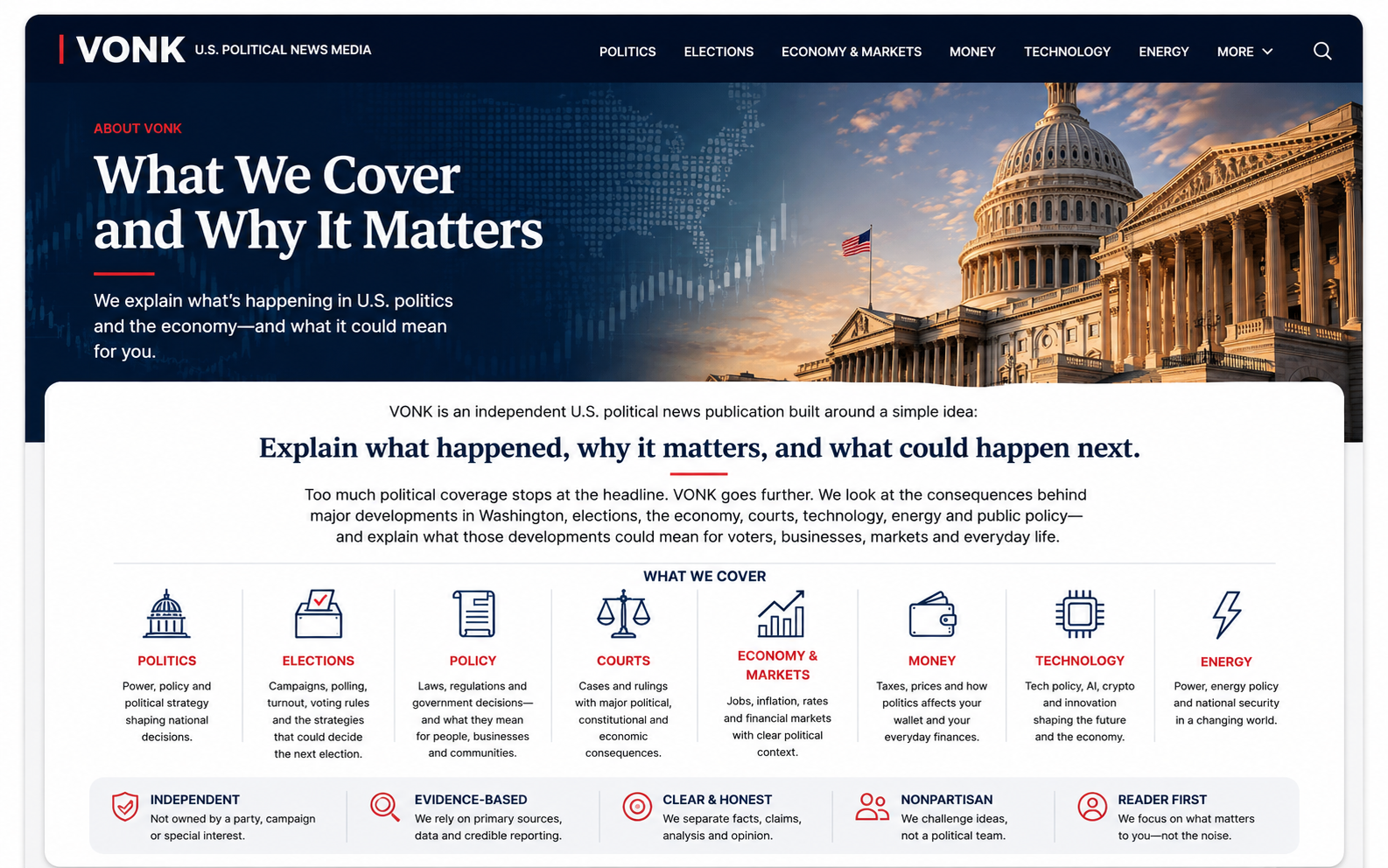 About VONK page graphic showing the U.S. Capitol and VONK coverage areas including politics, elections, policy, courts, economy, money, technology and energy.