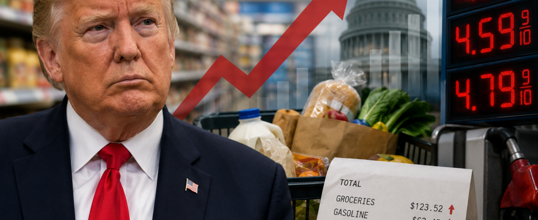 Donald Trump with rising grocery and gasoline costs in the background, illustrating the cost-of-living debate ahead of the 2026 midterm elections.