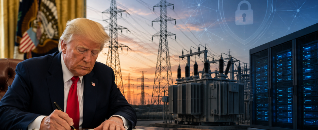 Donald Trump signing an executive order with U.S. power lines, a transformer substation, cybersecurity imagery and an AI data center in the background.