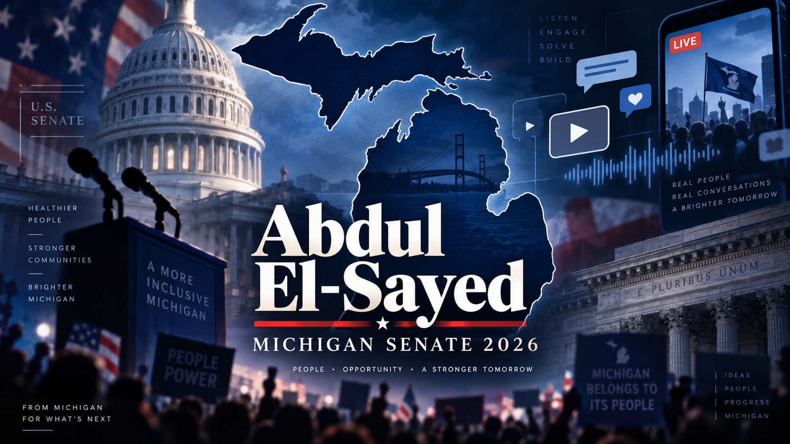 Editorial illustration featuring the Michigan silhouette, the U.S. Capitol, campaign imagery and social media motifs for Abdul El-Sayed’s 2026 U.S. Senate race.
