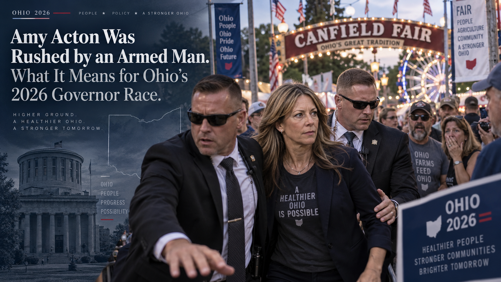 Editorial illustration of Ohio Democratic governor candidate Amy Acton being escorted through a crowded fairground by security, with Ohio 2026 campaign imagery in the background.