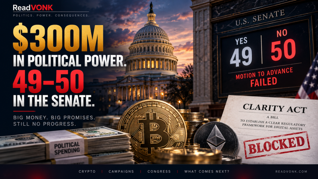 U.S. Capitol, crypto coins and campaign cash beside a 49–50 Senate vote board.