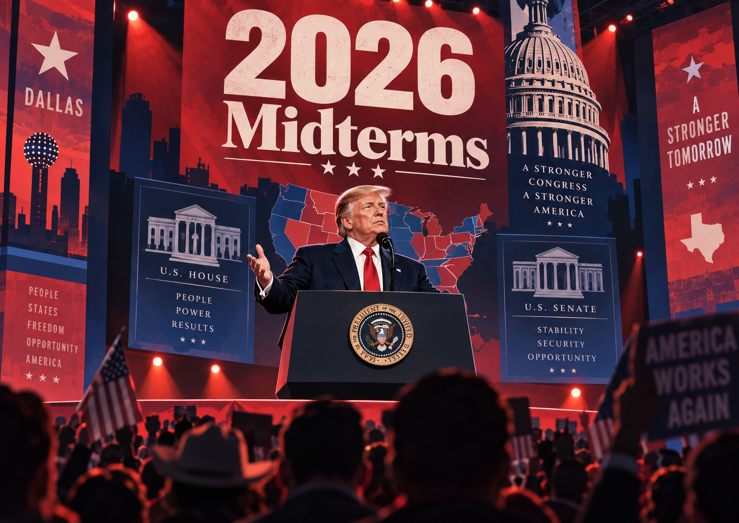 Editorial illustration of Donald Trump speaking at a large 2026 midterm convention in Dallas, with U.S. House, Senate and electoral map imagery in the background.