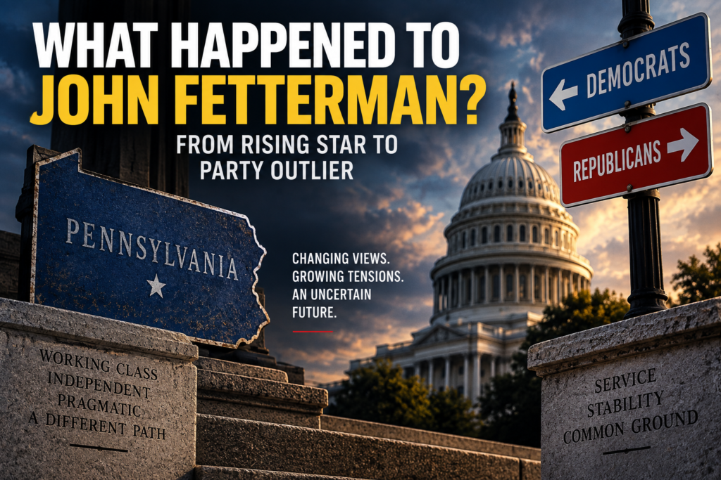 Editorial political graphic featuring the U.S. Capitol, Pennsylvania imagery and opposing Democratic and Republican signposts symbolizing John Fetterman’s growing distance from his party.