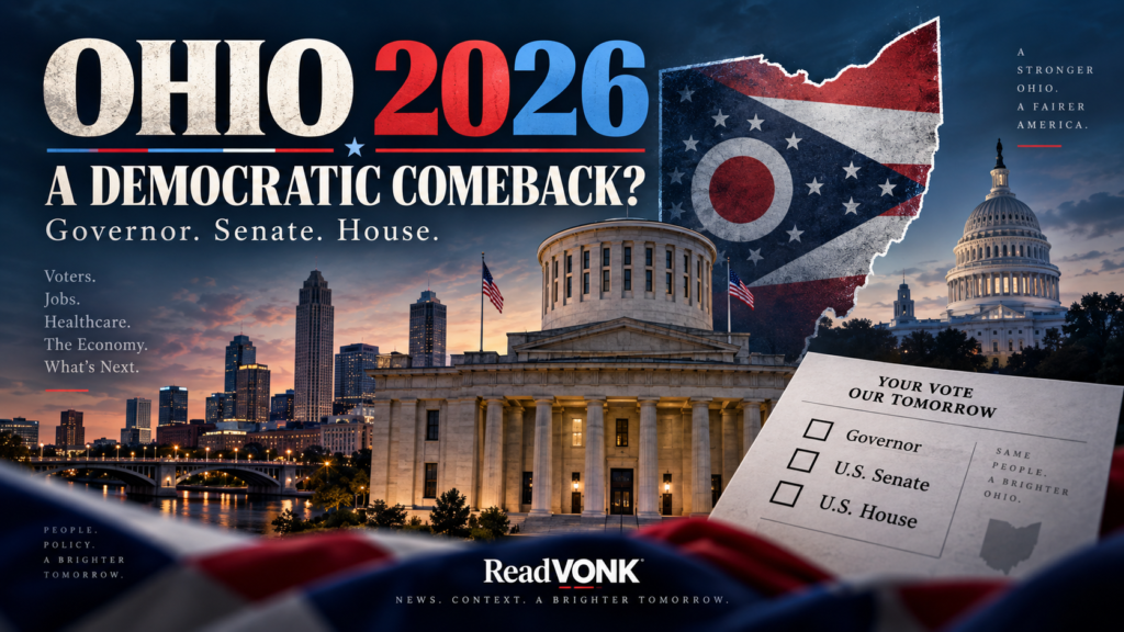 Editorial graphic showing Ohio, the state capitol, ballot imagery and the headline “A Democratic Comeback?” for the 2026 governor, Senate and House races.