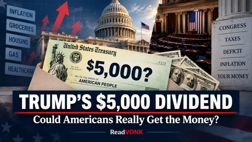 Editorial graphic showing a $5,000 Treasury-style check, the U.S. Capitol and economic imagery representing Trump’s proposed 2026 dividend payments.
