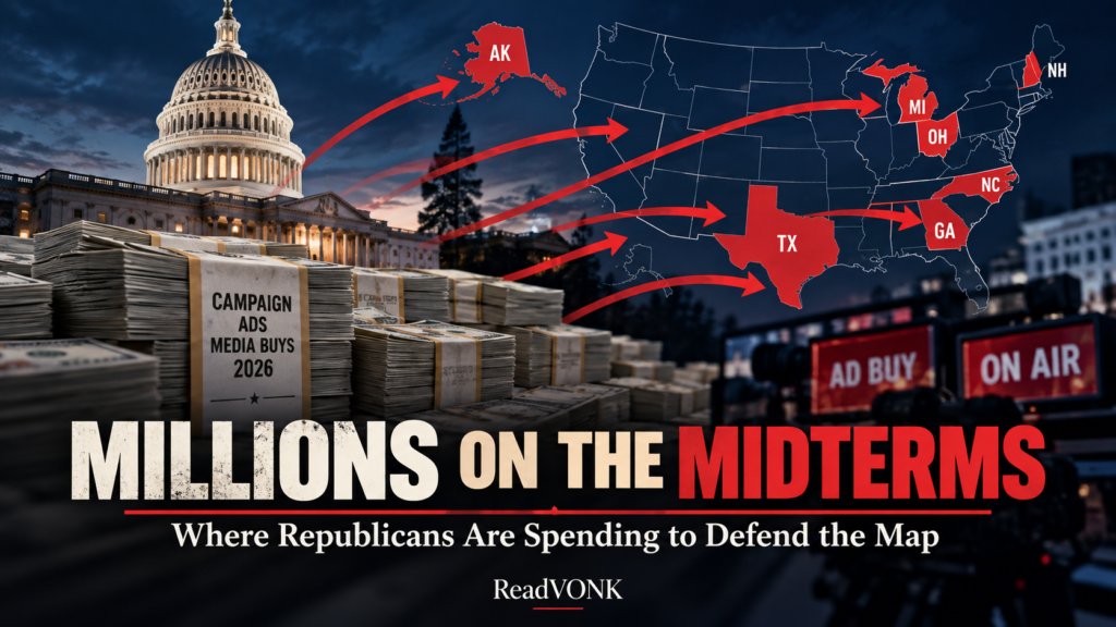 Editorial graphic showing the U.S. Capitol, campaign money, political advertising and a U.S. map highlighting Republican spending in 2026 Senate battlegrounds.